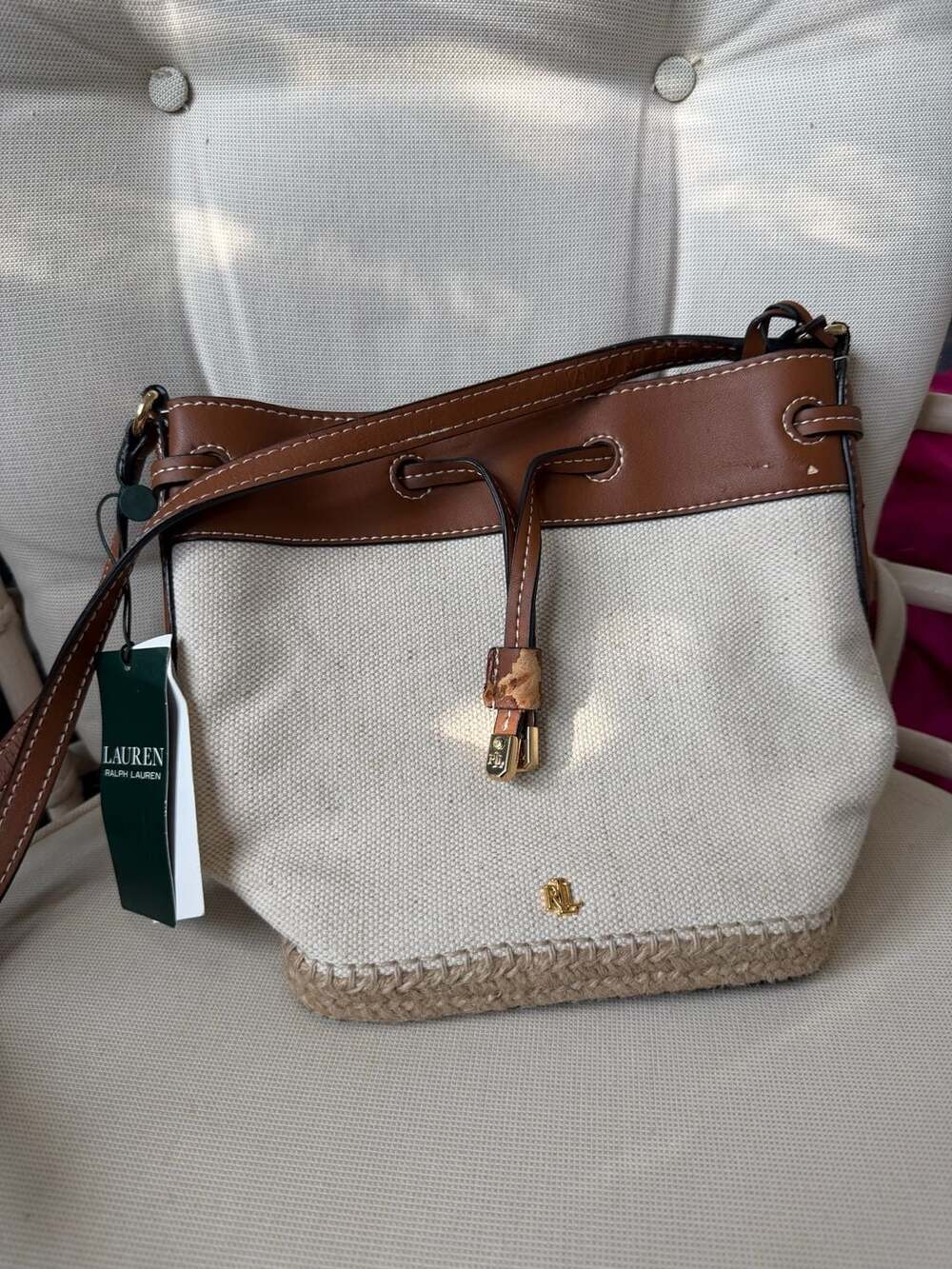 Lauren Ralph Lauren Natural Canvas and Brown Leather Debby Drawstring Bucket Bag